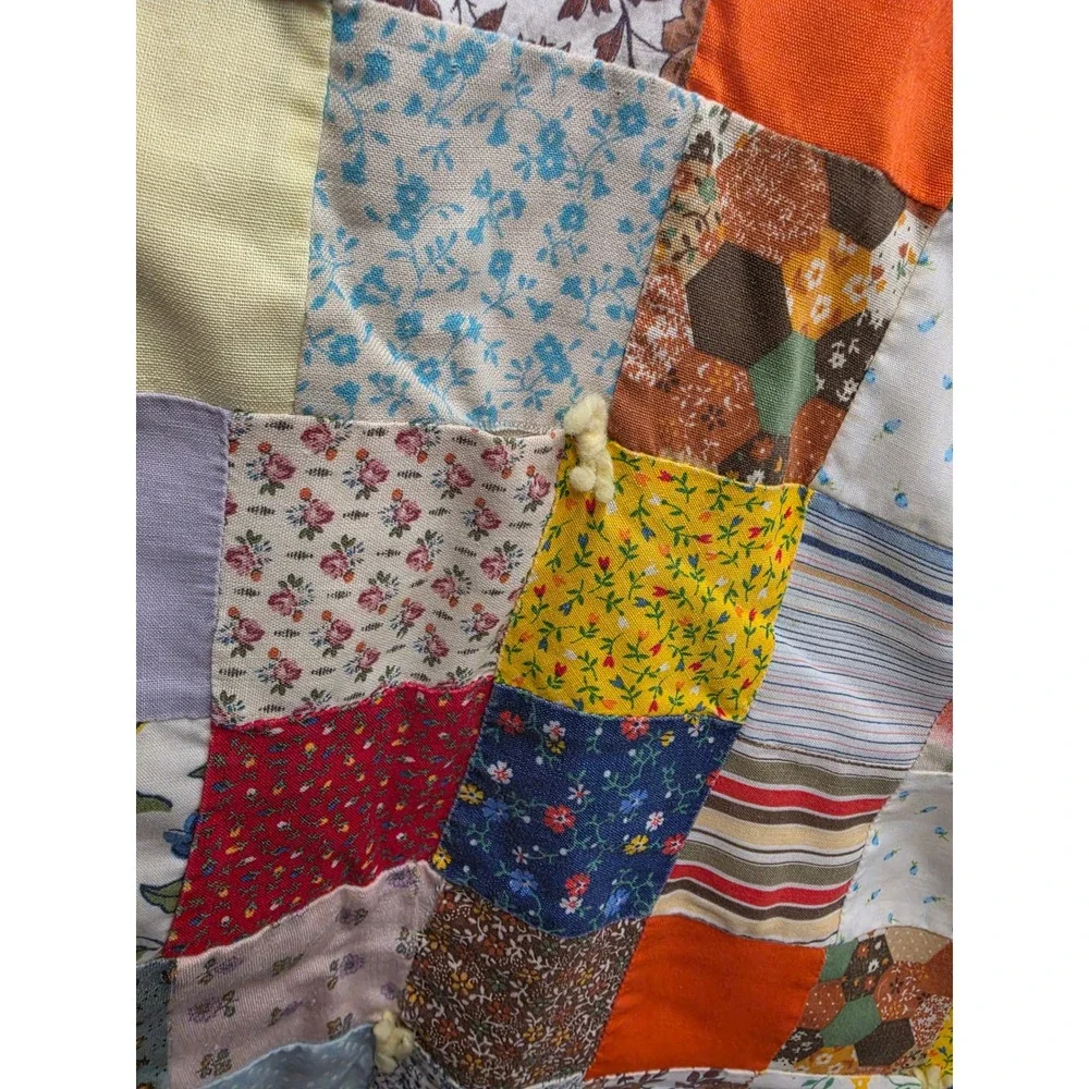Vintage Handmade Patchwork Quilt Panel Multi Color Scrap Fabric Hand Tied 50x26